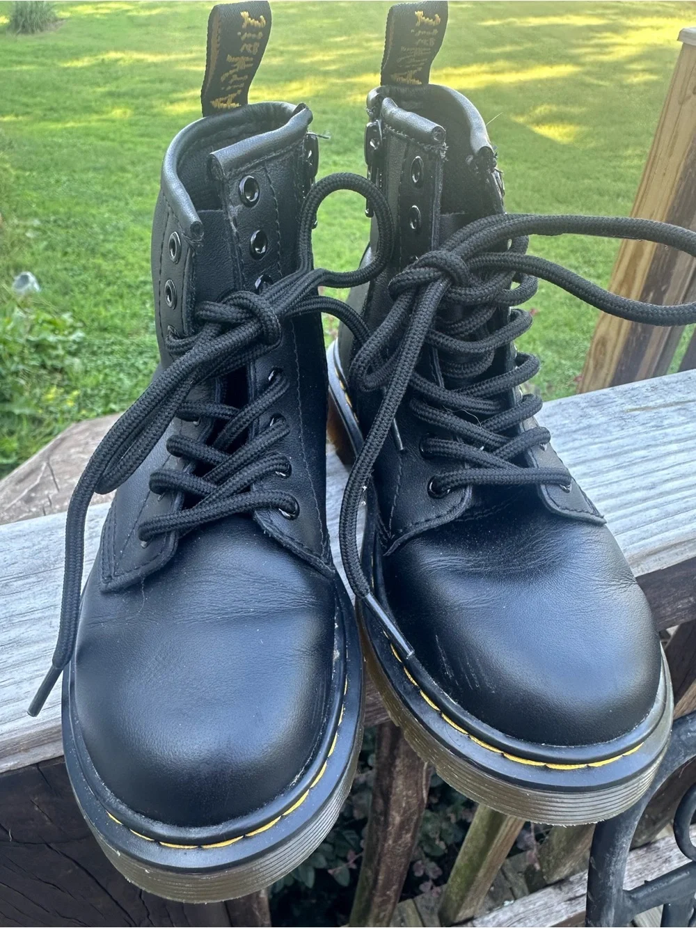 Dr. Martens Black Leather Lace-Up Boots with Yellow Stitching